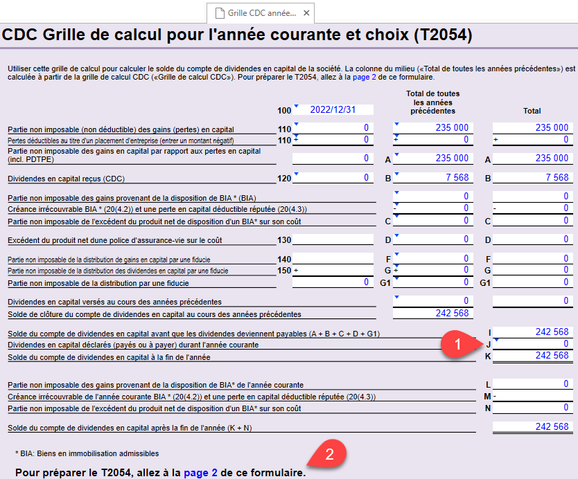 Capture d'écran : Grille de calcul CDC pour l'année courante