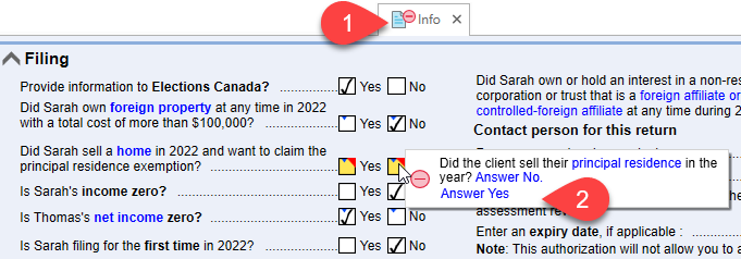 Screen Capture: Sale of principal residence question on the Info worksheet