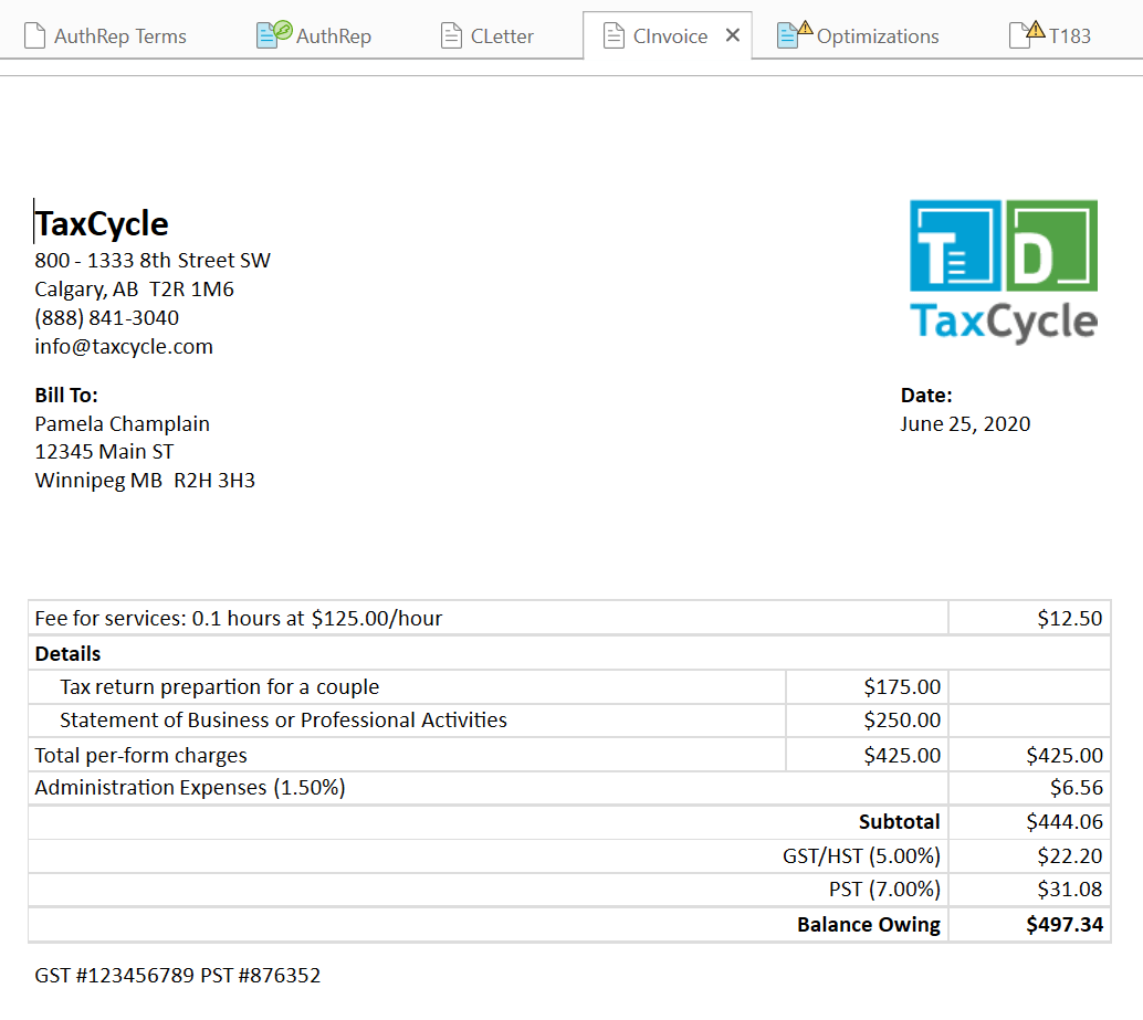 Screen Capture: CInvoice in TaxCycle T1