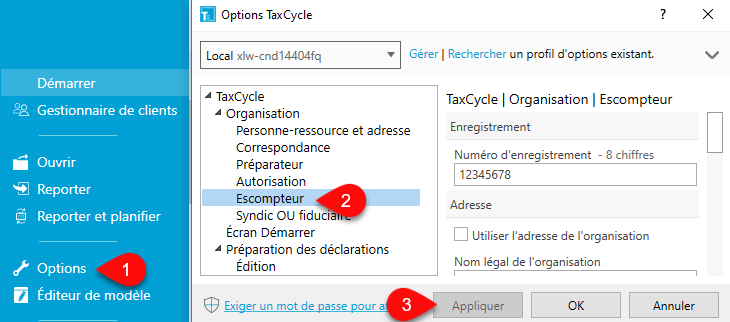 Capture d'écran: Options d'Escompteur