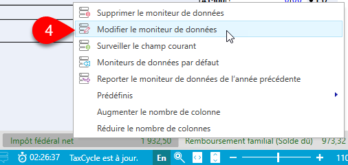 Capture d'écran : Cliquer avec le bouton droit de la souris sur la cellule du moniteur de données