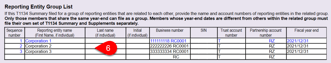 Screen Capture: Reporting Entity Group List