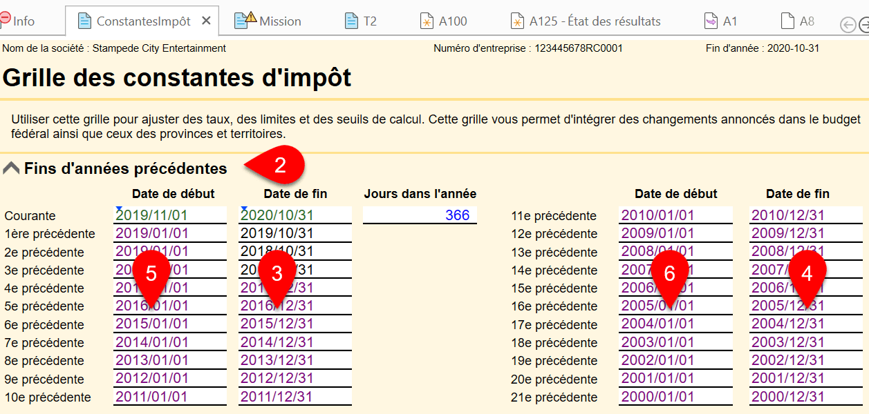 Screen Capture: Previous Tax Year Ends section on the TaxConstants