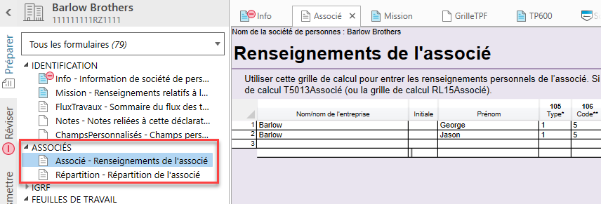 Capture d'écran : grille de calcul Renseignements de l'associé