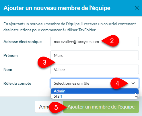 Capture d'écran : Ajouter un nouveau membre de l'équipe dans TaxFolder