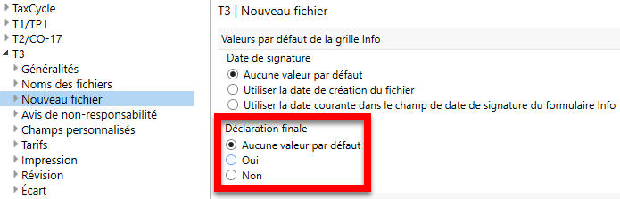 Capture d'écran : Paramètres de la déclaration finale dans les Options nouveau fichier