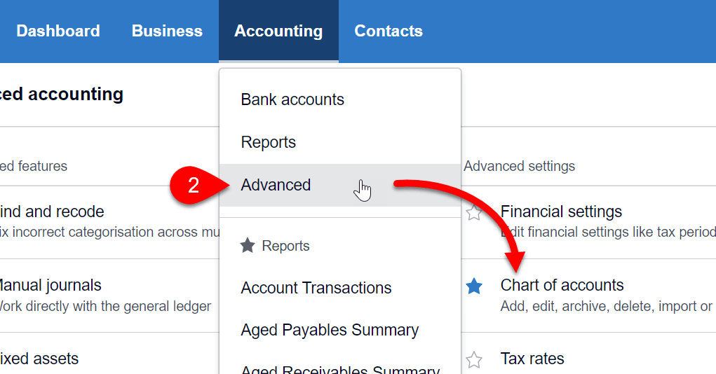 Screen Capture: Accounting Menu in Xero