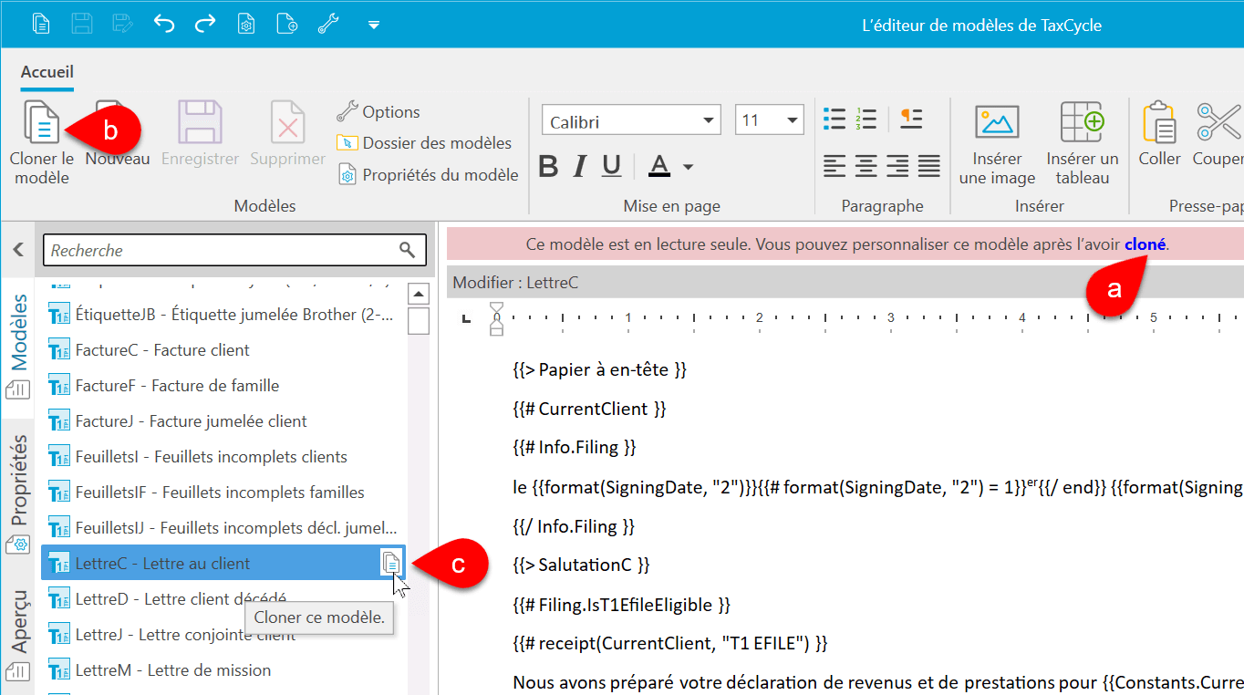 Capture d’écran : Boutons et liens pour cloner