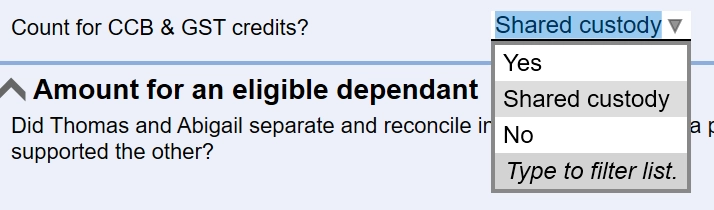 Screen Capture: Shared custody selected on the Dep worksheet