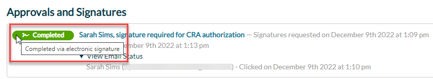 Screen Capture: Hover your mouse over the Completed badge to see how the request was signed
