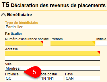 Capture d'écran : Ville et province par défaut sur le feuillet T5