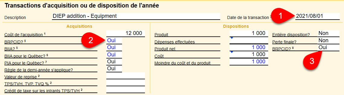 Capture d'écran : Acquisitions et dispositions de BRPCID