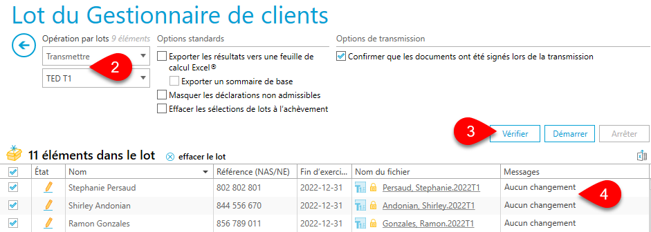 Capture d'écran : bouton Vérifier pour la transmission par lots