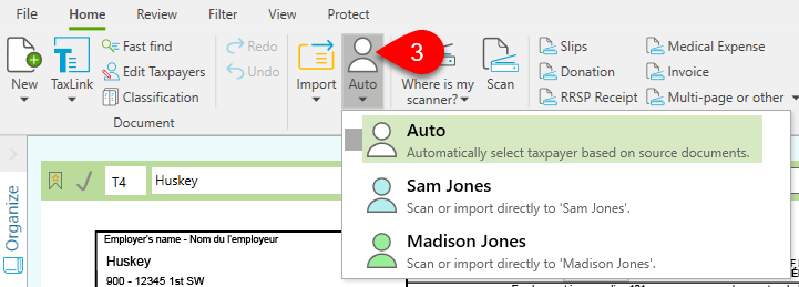 Screen Capture: Automatically select taxpayer based on source documents.