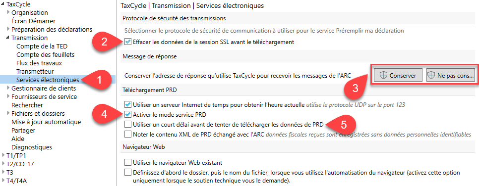 Capture d’écran : Options de transmission dans TaxCycle
