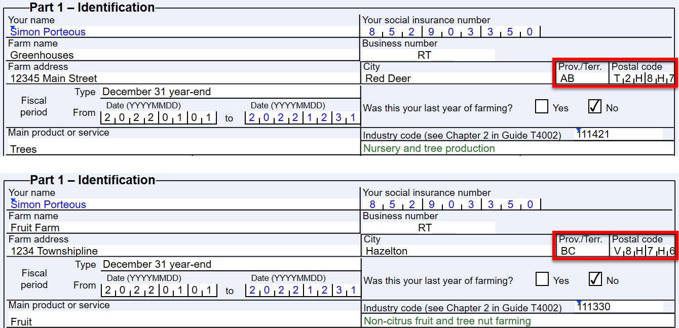 Screen Capture: T2042 Province/Territory and Postal code