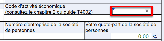 Capture d'écran : champ de code d'activité économique sur un T2125