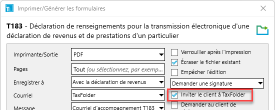 Capture d’écran : Boîte de dialogue d'impression dans TaxCycle