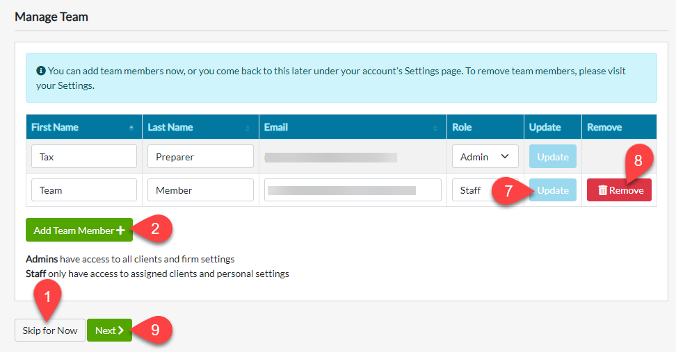 Screen Capture: Manage Team in TaxFolder