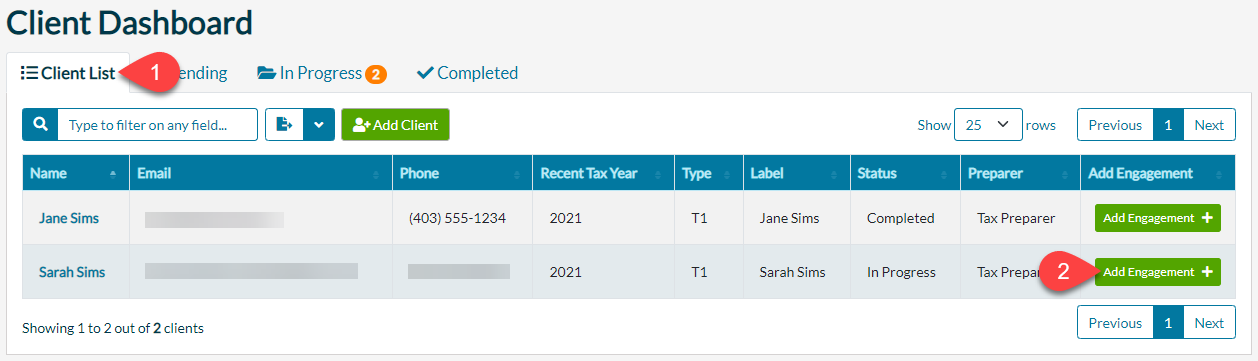 Screen Capture: Add Engagement from the Client Dashboard