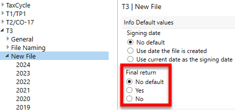 Screen Capture: Final return settings in New File Options