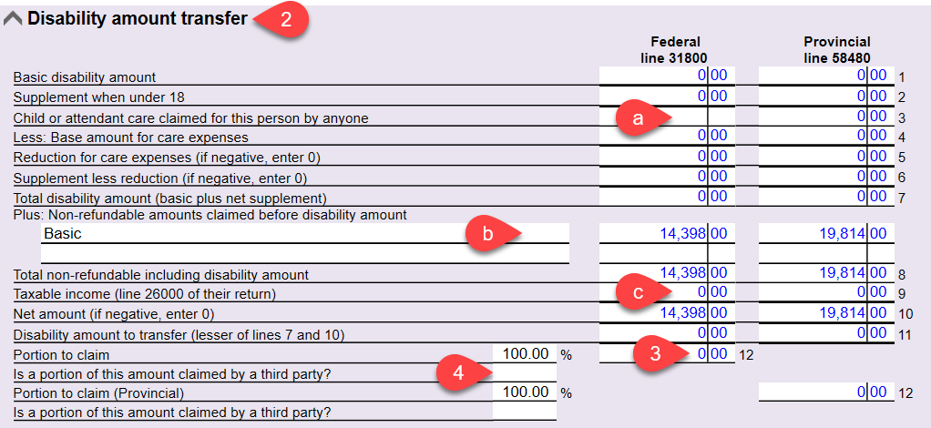 Screen Capture: Disability amount transfer on Dep worksheet