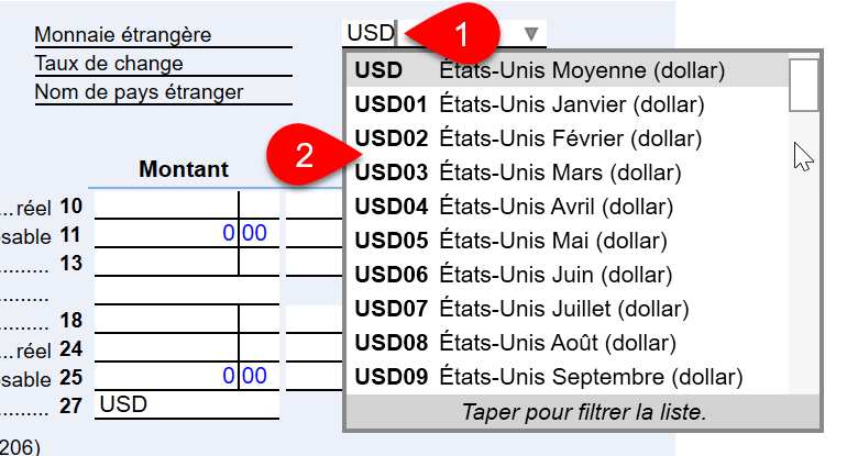 Capture d'écran : Devise USD