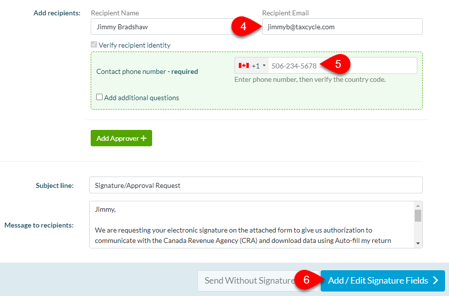 Screen Capture: Change recipient phone number and email