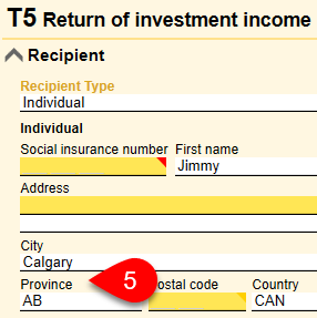 Screen Capture: Default city and province on the T5 slip