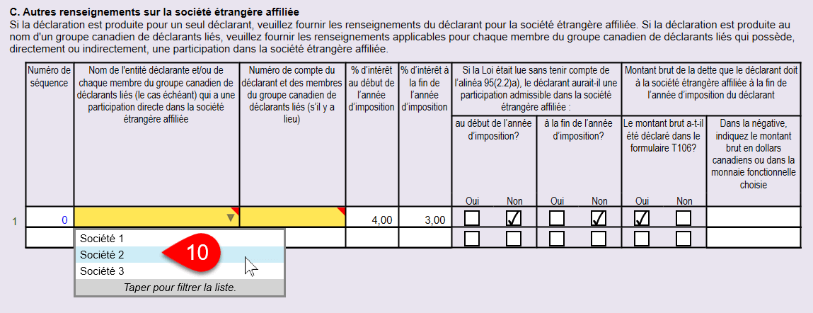 Capture d’écran : Sélectionner l’entité déclarante