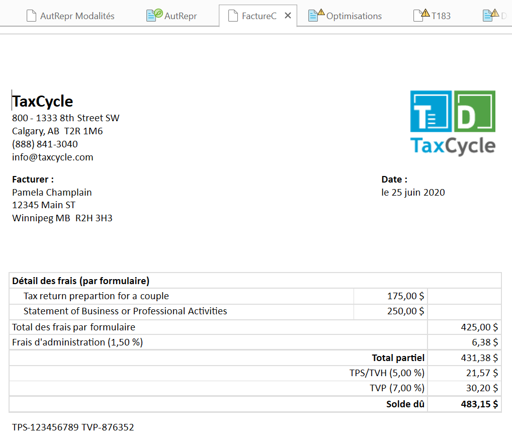 Image : FactureC dans TaxCycle T1