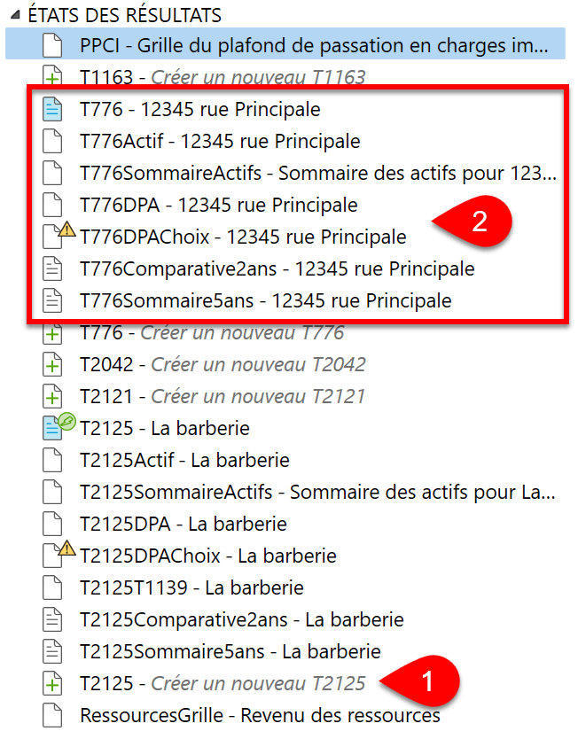 Capture d'écran : jeu de formulaires d'états des résultats dans la barre latérale Préparer