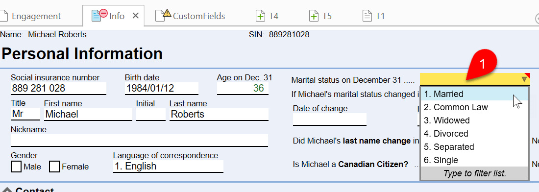 Screen Capture: Select Marital Status