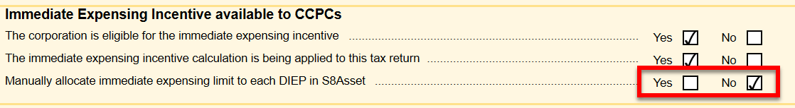 Screen Capture: Manually allocate immediate expensing limit to each DIEP in S8Asset