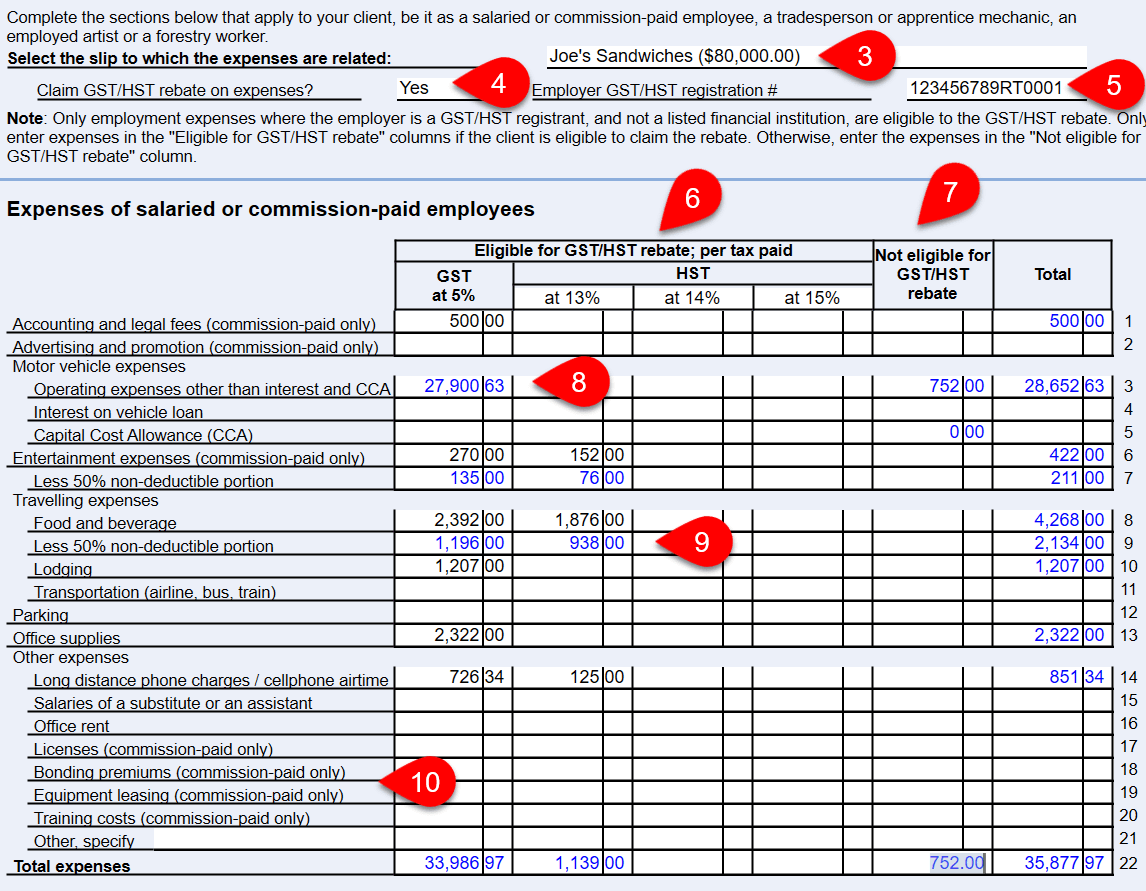 Screen Capture: Expenses of salaried or commission-paid employees