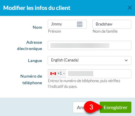 Capture d'écran : Modifier les informations du client