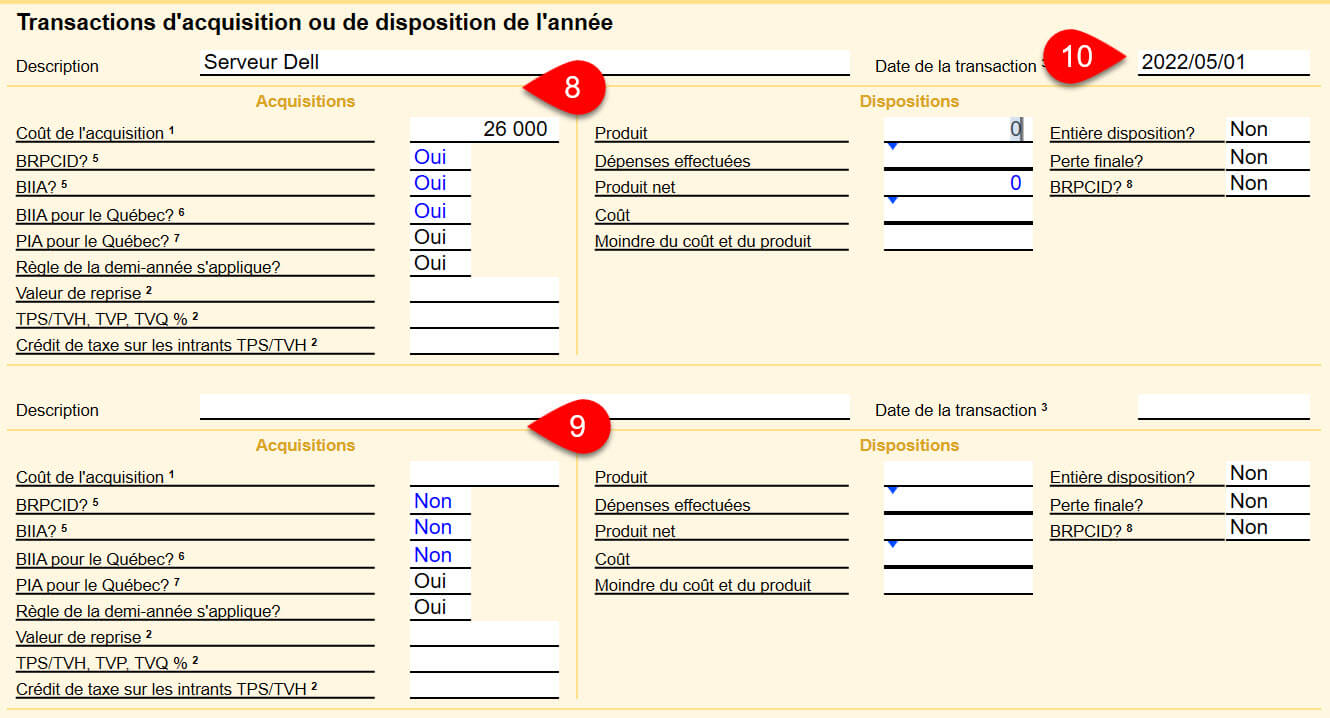 Capture d'écran : Transactions d'acquisition et de diposition de l'année en cours