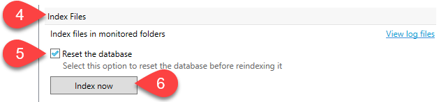 Screen Capture: Click Index now to clear and re-index the database
