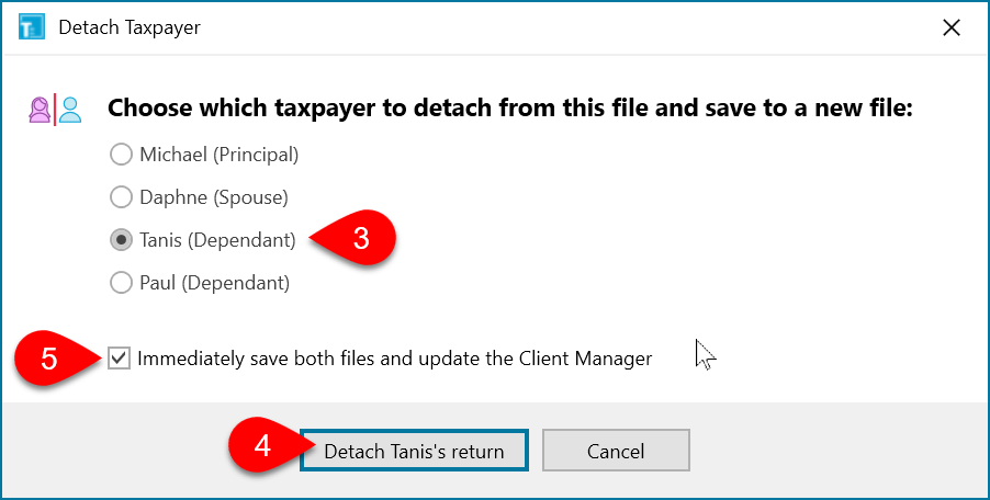 Screen Capture: Choose Which Taxpayer to Detach