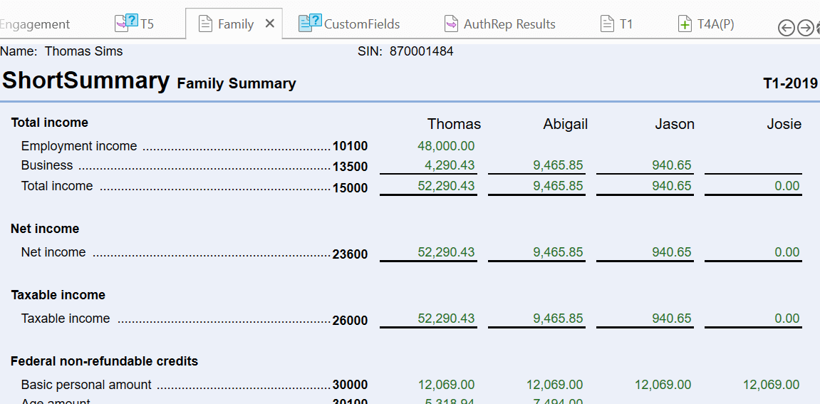 Screen Capture: Family Summary