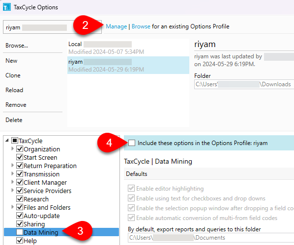 Screen Capture: Data Mining Options