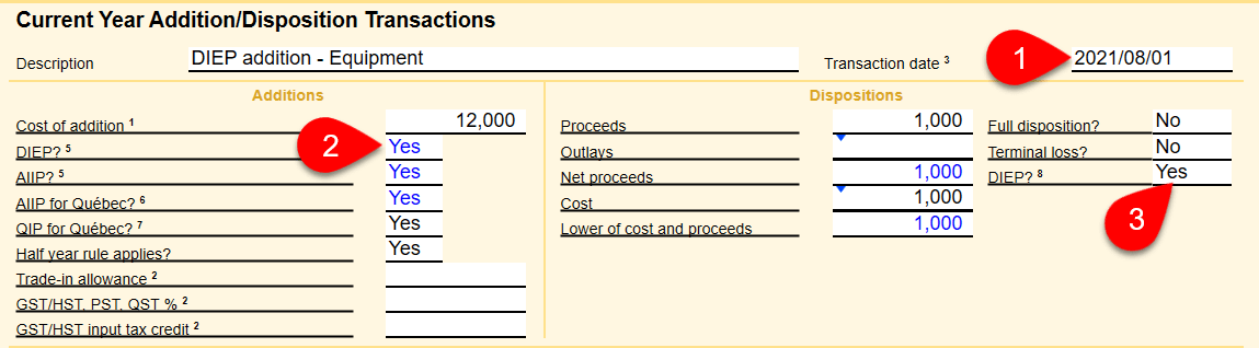 Screen Capture: DIEP additions and dispositions