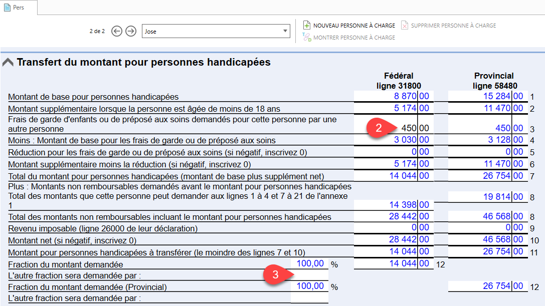 Capture d'écran : Transfert du montant d'invalidité sur la grille Pers.