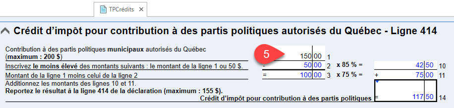 Capture d'écran : Saisir les contributions à des partis politiques du QC sur la grille TPCrédits