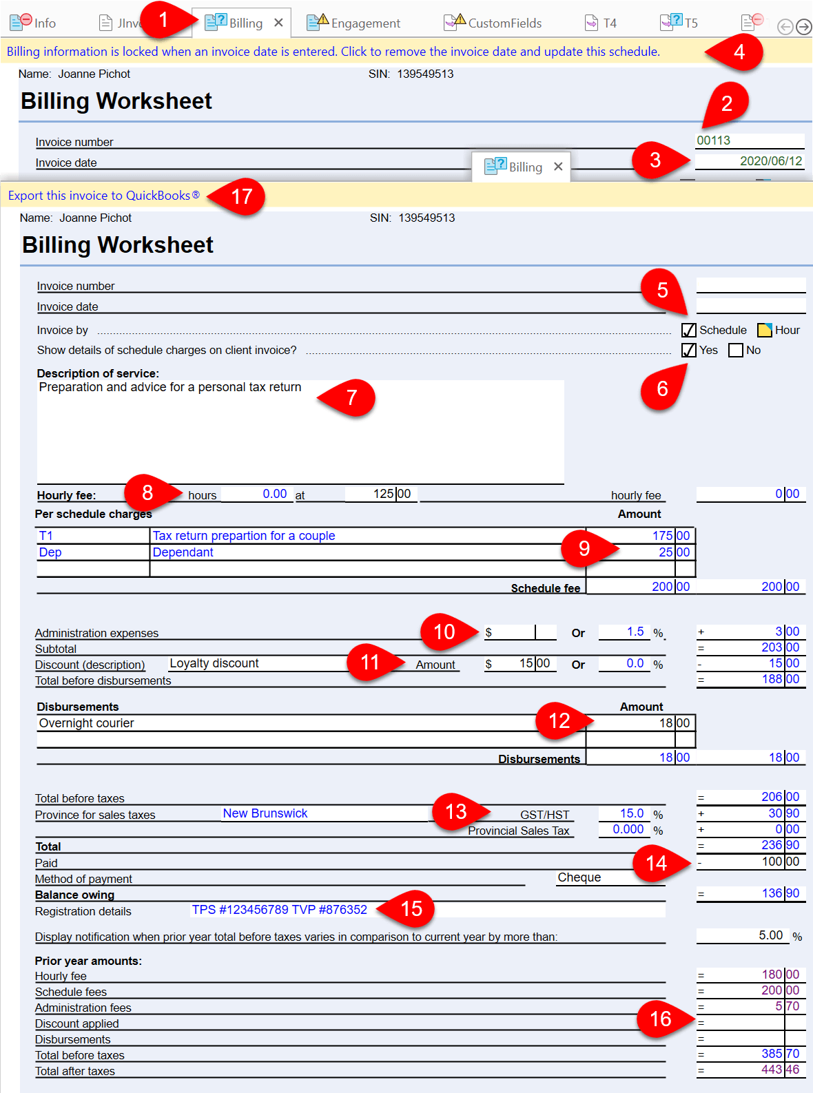 Screen Capture: Billing Worksheet