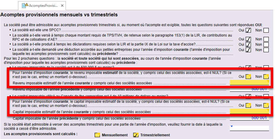 Screen Capture: New questions on the Federal Instalments worksheet