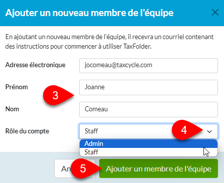 Capture d'écran : Ajouter un nouveau membre de l'équipe dans TaxFolder