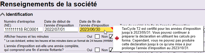 Capture d'écran : Date de fin d'exercice non prise en charge