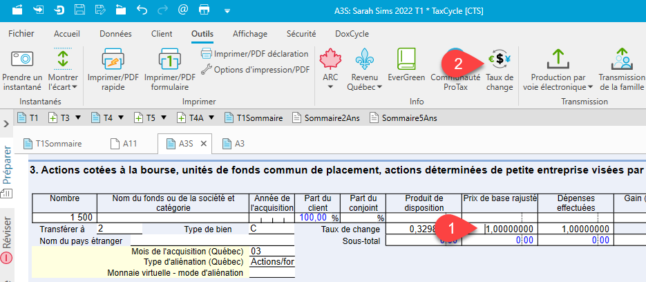 Capture d'écran : Taux de change dans TaxCycle