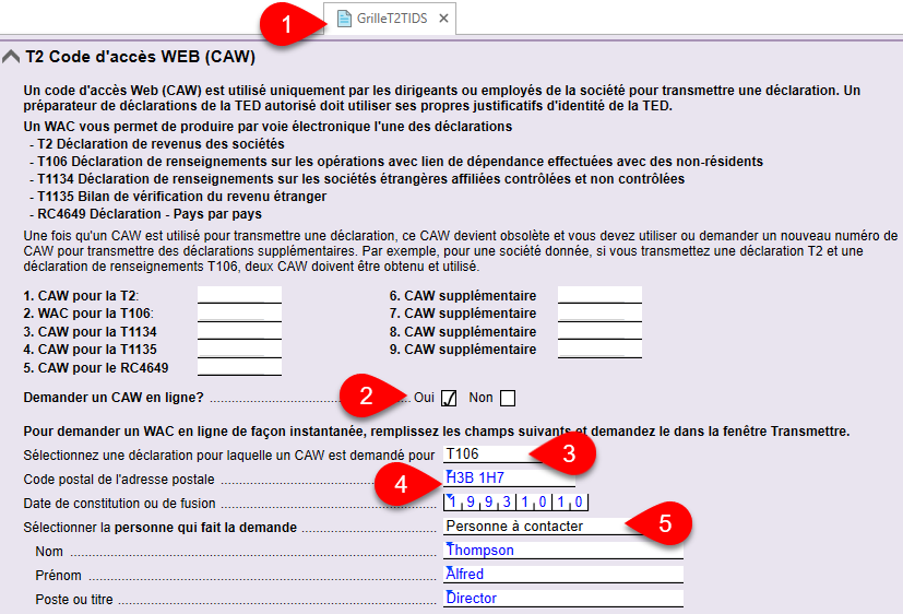 Capture d'écran : GrilleT2TIDS dans TaxCycle T2